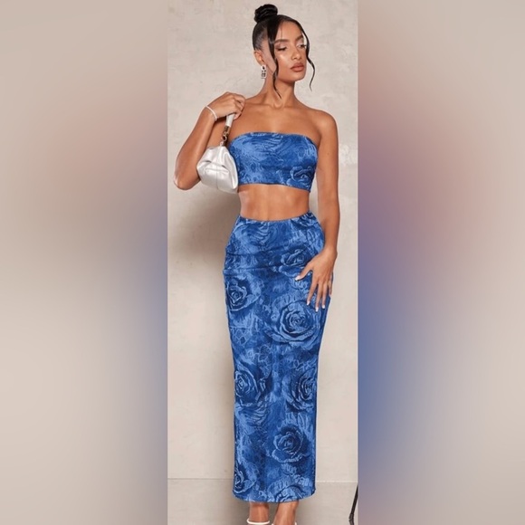 NWT 2 Piece Shein Bae Blue Floral Tube Top & Pencil Skirt Women’s size Small - Picture 1 of 6